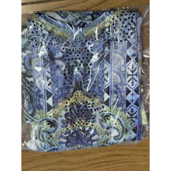 One World Live & Let Live Knit Tunic Sz L Blue Rhinestone Artsy Asymmetrical Hem - Picture 12 of 12
